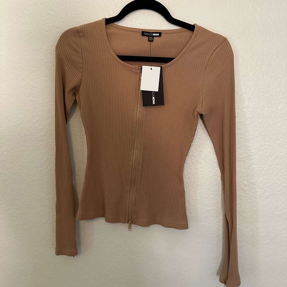Fashion Nova Tan Ribbed Long Sleeve Top